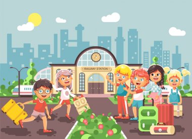 Vektör illüstrasyon karikatür karakterleri geç erkek ve kız çanta ve bavul tren bekleyen bina tren istasyonunda duran küçük çocuklara çalıştıran tarzı şehir arka plan düz