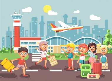 Vektör çizim karikatür karakter geç çocuk havaalanında ayakta, uçak, çanta bavul seyahat gezi tatil hafta sonu düz stil şehir arkaplan için bekliyor çıkış yapan küçük çocuklar kız için çalıştırın