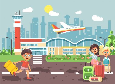 Vektör çizim karikatür karakter geç çocuk havaalanında ayakta, uçak, çanta bavul seyahat gezi tatil hafta sonu düz stil şehir arkaplan için bekliyor çıkış yapan küçük çocuklar kız için çalıştırın