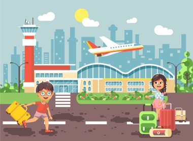 Havaalanında ayakta, uçak, çanta bavul seyahat gezi tatil hafta sonu düz stil şehir arkaplan için bekliyor çıkış yapan vektör illüstrasyon karikatür karakter geç çalışma için küçük esmer kız erkek