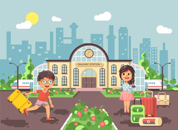 Ilustración vectorial de personajes de dibujos animados niños, niño tardío corriendo en perron, niña pequeña parada en el edificio de la estación de tren con bolsas y maletas a la espera de fondo de la ciudad de estilo plano de tren — Archivo Imágenes Vectoriales