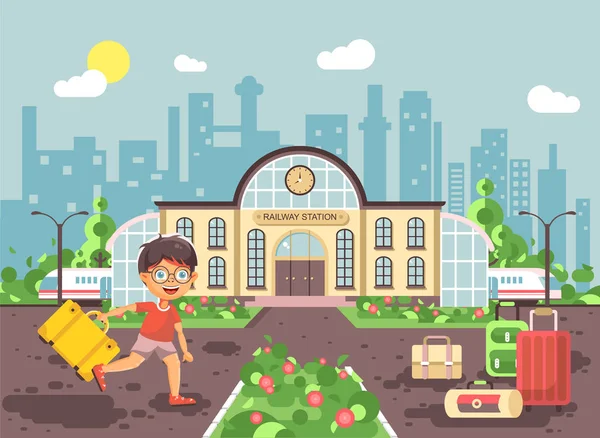 Εικονογράφηση διάνυσμα καρτούν χαρακτήρα παιδί, αργά αγόρι τρέχει στο σιδηροδρομικό σταθμό κτίριο με Τσάντες και βαλίτσες περιμένει τραίνο για το ταξίδι διακοπές Σαββατοκύριακο στο φόντο πόλη επίπεδη στυλ — Διανυσματικό Αρχείο
