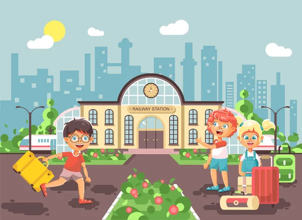 Ilustración vectorial personajes de dibujos animados niño y niña corriendo a los niños pequeños de pie en el edificio de la estación de tren con bolsas y maletas a la espera de tren de estilo plano de fondo de la ciudad — Archivo Imágenes Vectoriales