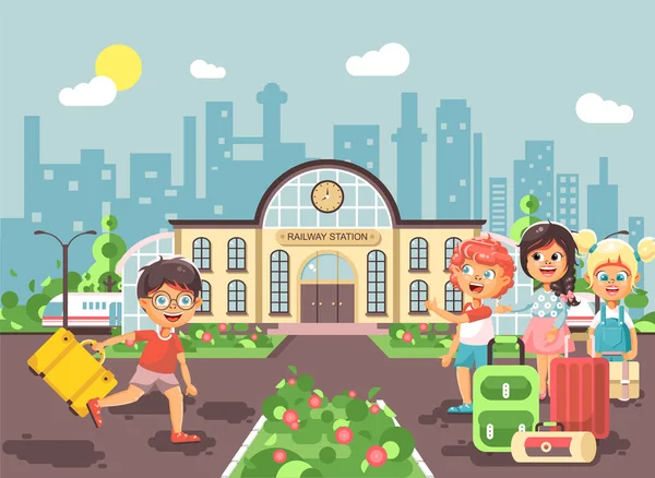 Vektor karakter kartun ilustrasi anak laki-laki dan perempuan berjalan ke anak-anak kecil berdiri di stasiun kereta api bangunan dengan tas dan koper menunggu kereta datar gaya latar belakang kota - Stok Vektor