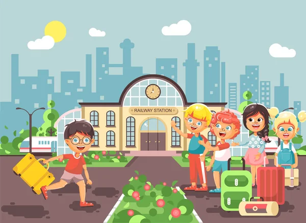 Vektor karakter kartun ilustrasi anak laki-laki dan perempuan berjalan ke anak-anak kecil berdiri di stasiun kereta api bangunan dengan tas dan koper menunggu kereta datar gaya latar belakang kota - Stok Vektor