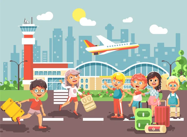 Vector illustratie cartoon karakter late jongen lopen naar lieve kinderen meisje permanent op luchthaven, vertrekkende van vlak, zak koffers voor reizen reis vakantie weekend vlakke stijl stad achtergrond in afwachting — Stockvector