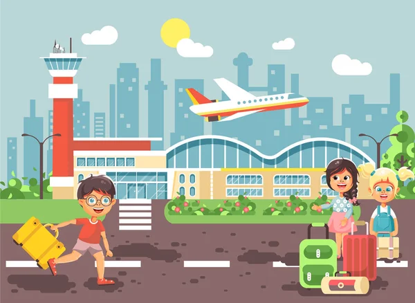 Vektör çizim karikatür karakter geç çocuk havaalanında ayakta, uçak, çanta bavul seyahat gezi tatil hafta sonu düz stil şehir arkaplan için bekliyor çıkış yapan küçük çocuklar kız için çalıştırın