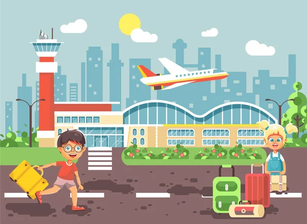 Havaalanında ayakta, uçak, çanta bavul seyahat gezi tatil hafta sonu düz stil şehir arkaplan için bekliyor çıkış yapan vektör çizim karikatür karakter geç çalışma için küçük sarışın kız erkek — Stok Vektör