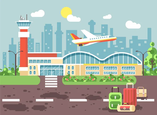 Vector illustratie cartoon tassen en koffers permanent op de luchthaven laat vertraging vliegtuig vertrekken, wachten voor reizen reis vakantie weekend vlakke stijl stad achtergrond voor beweging ontwerp site banner — Stockvector