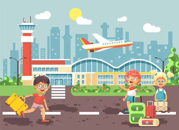 Vektör çizim karikatür karakter geç çocuk havaalanında ayakta, uçak, çanta bavul seyahat gezi tatil hafta sonu düz stil şehir arkaplan için bekliyor çıkış yapan küçük çocuklar kız için çalıştırın — Stok Vektör