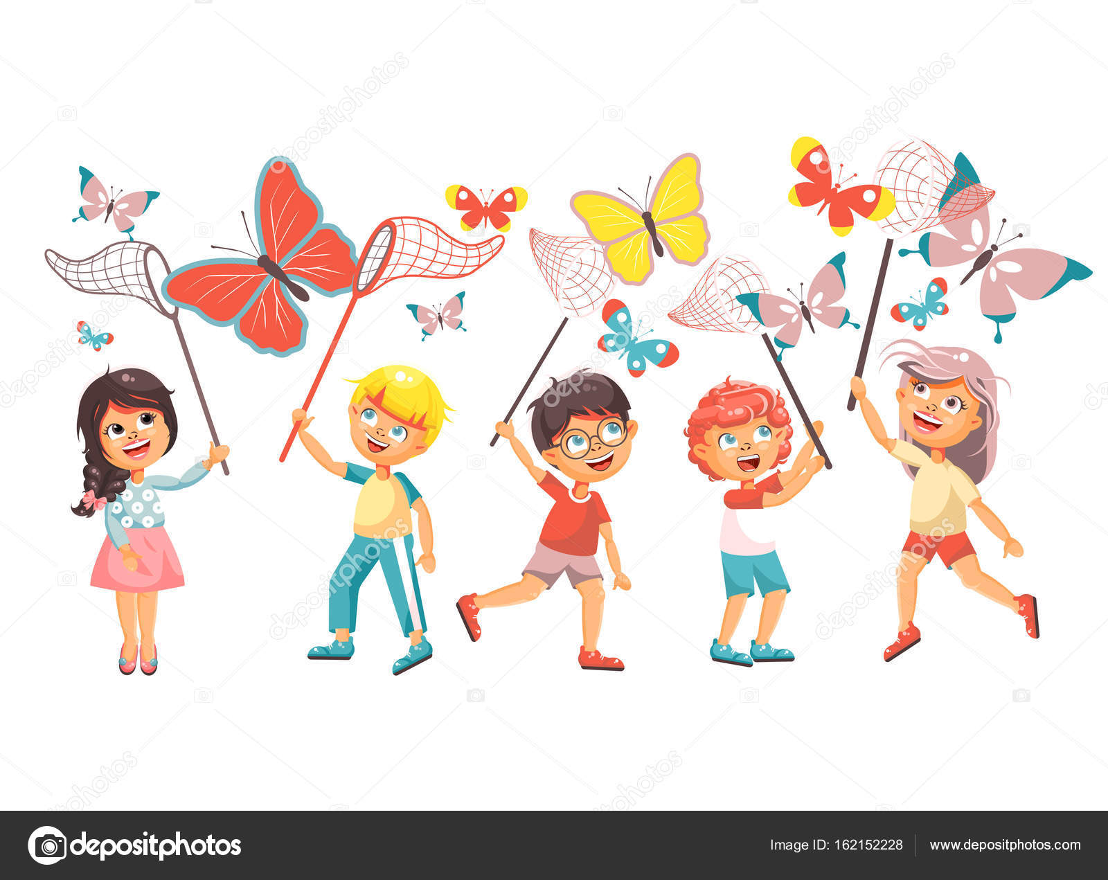 Illustrazione vettoriale isolato bambini carattere del fumetto Vettoriali Stock illustrazione isolato bambini carattere del fumetto piccoli naturalisti biologo ragazzi e ragazze catturare farfalle colorate con reti