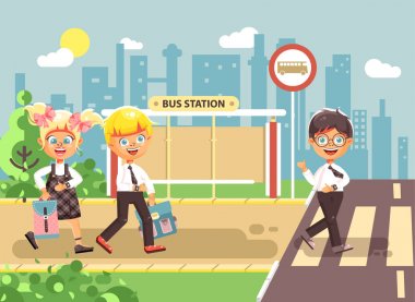 Vektör çizim karikatür karakterleri çocuklar, yol yaya geçidi, okul düz stil başa otobüs durağı arka plan trafik kuralları, çocuklar ve kız okul sınıf gitmek gözetilmesi