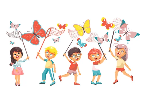 Ilustração vetorial personagens de desenhos animados isolados crianças, jovens naturalistas, meninos e meninas biólogos pegam borboletas coloridas com redes, redes de colher, redes de aro no fundo branco em estilo plano —  Vetores de Stock