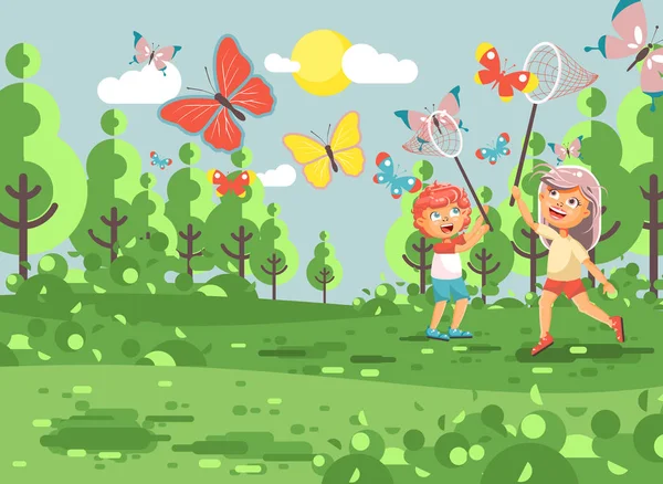 Vektor Illustration Cartoon-Figur zwei Kinder, junge Naturforscher, Biologe Junge und Mädchen fangen bunte Schmetterlinge mit Netzen, Schaufelnetzen, Reifennetzen weißen Hintergrund in flachem Stil — Stockvektor
