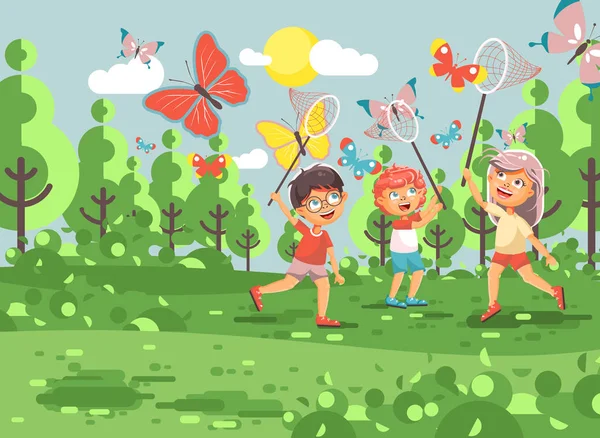 Vetor ilustração desenhos animados personagem crianças, jovens naturalistas, biólogo meninos e meninas pegar borboletas coloridas com redes, redes de colher, redes de aro na natureza ao ar livre fundo em estilo plano —  Vetores de Stock