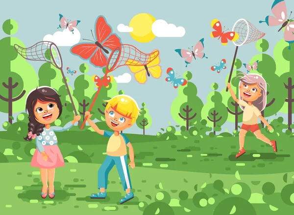 Ilustración vectorial personaje de dibujos animados niños, jóvenes naturalistas, niños biólogos y niñas atrapan mariposas coloridas con redes, redes de cuchara, redes de aro en la naturaleza fondo al aire libre en estilo plano — Vector de stock