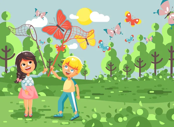 Personaje de dibujos animados ilustración vectorial dos niños, jóvenes naturalistas, niño biólogo y niña atrapan mariposas coloridas con redes, redes de cuchara, redes de aro fondo blanco en estilo plano — Vector de stock