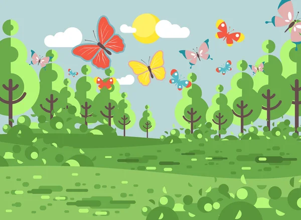 Ilustración vectorial paisaje de dibujos animados de claro, prado, pastizales, campo, hierba, pulga, prado con árboles césped mariposas coloridas, naturaleza fondo al aire libre estilo plano para pancarta, diseño de movimiento — Vector de stock