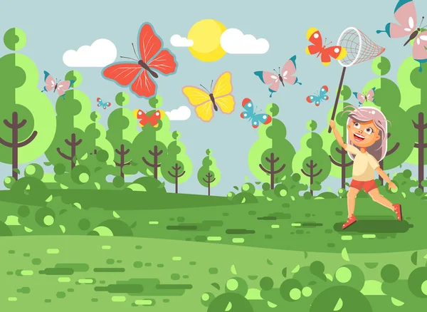 Ilustración vectorial personaje de dibujos animados niño solitario, joven naturalista, biólogo chica rubia coger mariposas de colores con la red, Scoop-net, aro-red en la naturaleza fondo al aire libre en estilo plano — Vector de stock