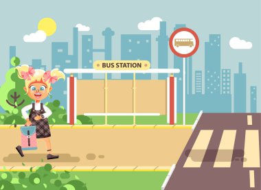 Vektör illüstrasyon karikatür karakter çocuk, gözetilmesi trafik kuralları, yalnız sarışın kız çuval, öğrenci gitmek için yol yaya geçidi, okul düz tarzı için otobüs durağı arka plan üzerinde