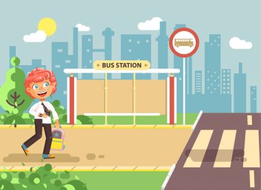 Vektör illüstrasyon karikatür karakter çocuk, gözetilmesi trafik kuralları, yalnız Kızıl saçlı çocuk çuval öğrenci geri düz stil okula otobüs durağı arka plan yol yaya geçiş için devam