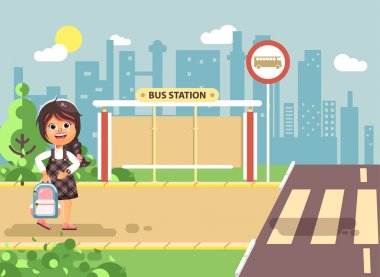 Vektör illüstrasyon karikatür karakter çocuk, gözetilmesi trafik kuralları, yalnız esmer kız çuval, öğrenci gitmek için yol yaya geçidi, okul düz stil başa otobüs durağı arka plan üzerinde