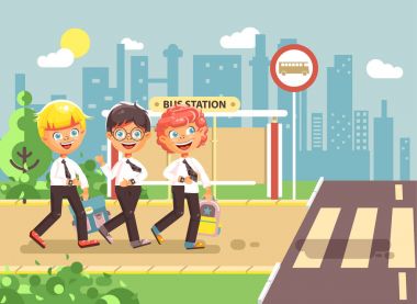 Resimde çizgi film karakterleri çocuk vektör, trafik kuralları, sarışın, esmer, kızıl çocuklar okul, öğrencilerin okul düz stil için geri yol yaya geçidi otobüs durağı arka plan gitmek