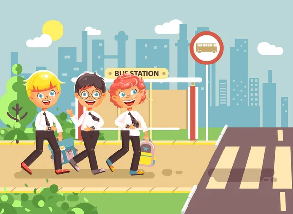 Resimde çizgi film karakterleri çocuk vektör, trafik kuralları, sarışın, esmer, kızıl çocuklar okul, öğrencilerin okul düz stil için geri yol yaya geçidi otobüs durağı arka plan gitmek
