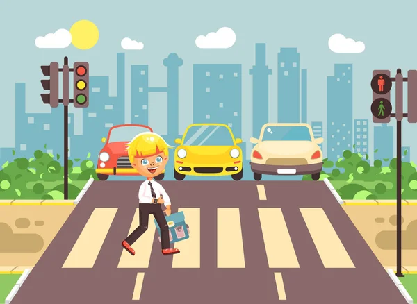 Vector illustration cartoon character child, observance traffic rules, lonely blonde boy schoolchild schoolboy go to road pedestrian zone crossing, city background back to school flat style — Stock Vector