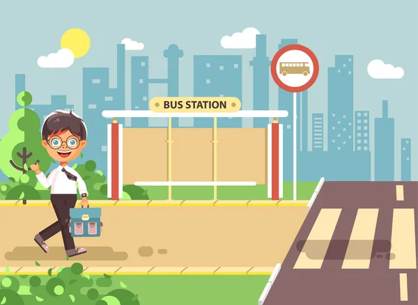 Vector εικονογράφηση παιδιών χαρακτήρες κινουμένων σχεδίων, τήρηση κανόνων οδικής κυκλοφορίας, μοναχικό αγόρι μελαχρινή μαθητή, μαθητή πηγαίνετε στο δρόμο διάβασης πεζών σε στάση λεωφορείου φόντο, πίσω στο σχολείο σε επίπεδη στυλ — Διανυσματικό Αρχείο