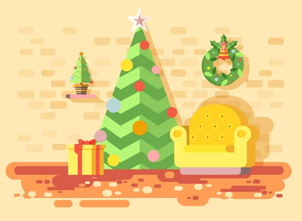 Illustration vectorielle dessin animé intérieur chaise confortable, salle avec sapin de Noël épicéa, bonne année, couronne de Noël joyeuse, cadeaux décorés, célébrer élément de style plat motion design — Image vectorielle