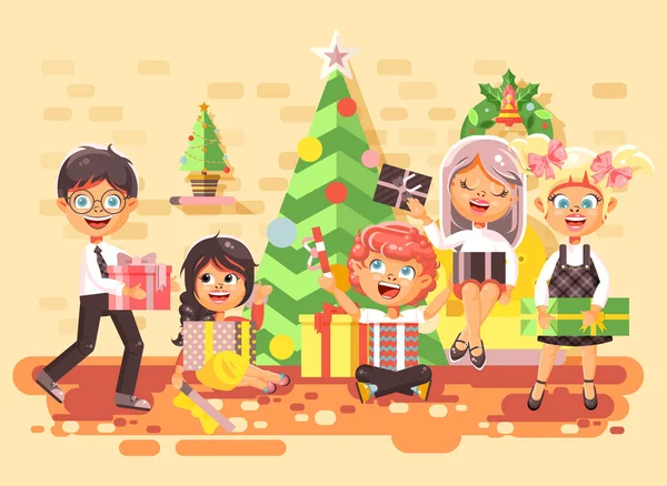 Ilustración vectorial personajes de dibujos animados niños, niños y niñas en la habitación bajo el árbol de Navidad, feliz año nuevo y Navidad, dar regalos, regocijarse y celebrar elemento de estilo plano para el diseño de movimiento — Vector de stock