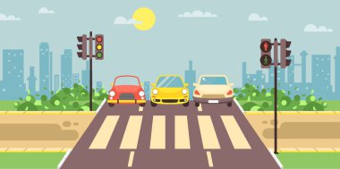 Yol kenarındaki karikatür manzara ile karayolu, yol, kaldırım ve boş yaya bölgesi düz stil şehir arka plan öğesi hareket tasarımı, afiş, web sitesi için geçiş araçları ile vektör çizim