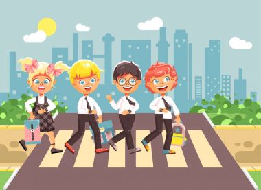 Vektör çizim karikatür karakterleri çocuklar, yol yaya geçidi, okul düz stil başa şehir arka plan trafik kuralları, çocuklar ve kız okul sınıf gitmek gözetilmesi
