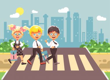 Vektör çizim karikatür karakterleri çocuklar, yol yaya geçidi, okul düz stil başa şehir arka plan trafik kuralları, çocuklar ve kız okul sınıf gitmek gözetilmesi