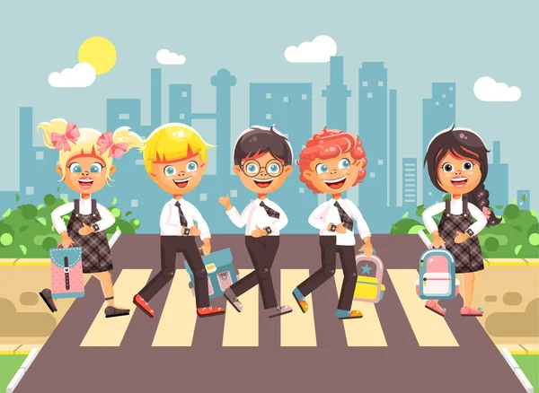 Vektör çizim karikatür karakterleri çocuklar, yol yaya geçidi, okul düz stil başa şehir arka plan trafik kuralları, çocuklar ve kız okul sınıf gitmek gözetilmesi