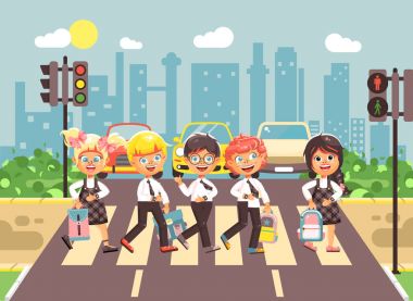 Vektör çizim karikatür karakter çocuk, yolun trafiğe kapalı alanda crossing, şehir arka plan geri okul düz stil gözetilmesi trafik kuralları, kızlar ve oğlanlar okul sınıf gitmek