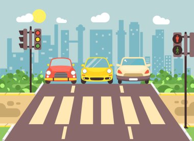 Yol kenarındaki karikatür manzara ile karayolu, yol, kaldırım ve boş yaya bölgesi düz stil şehir arka plan öğesi hareket tasarımı, afiş, web sitesi için geçiş araçları ile vektör çizim