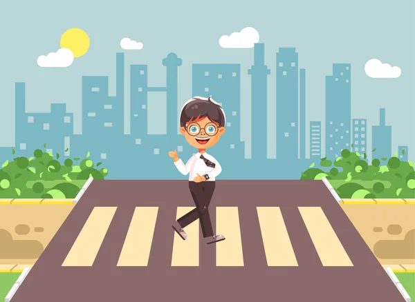 Vector illustration cartoon characters child, observance traffic rules, lonely brunette boy schoolchild, pupil go to road pedestrian crossing, on city background, back to school in flat style — Stock Vector