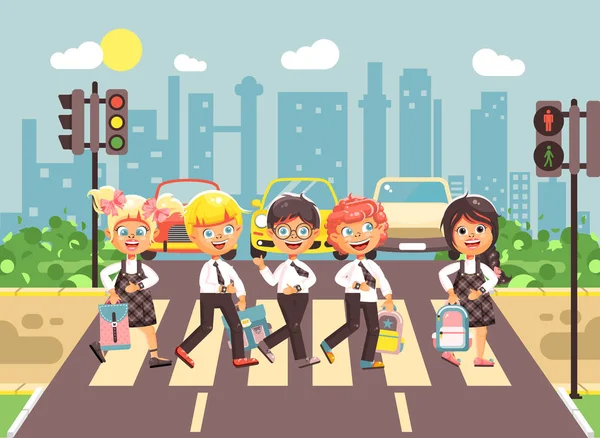 Векторні ілюстрації мультиплікаційних персонажів діти, дотримання правил дорожнього руху, хлопчики і дівчатка школярі однокласники йдуть на дорогу пішохідної зони перетину, міський фон назад до шкільного плоского стилю — стоковий вектор