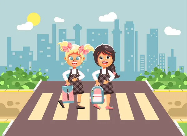 Векторні ілюстрації мультиплікаційних персонажів діти, дотримання правил дорожнього руху, дівчата школярки, однокласники учні йдуть на дорожню пішохідну зону перетинаючи, на міському тлі, назад до шкільного рівного стилю — стоковий вектор