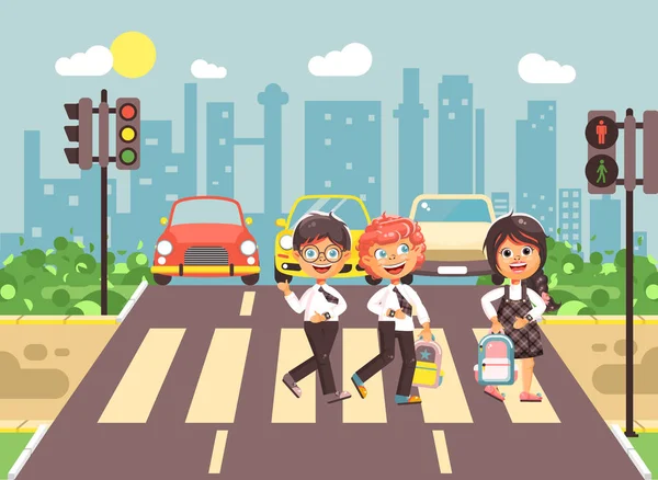 Vector εικονογράφηση καρτούν χαρακτήρες παιδιά, τήρηση κυκλοφορίας κανόνες, αγόρια και κορίτσια μαθητές συμμαθητές μεταβείτε οδική διέλευση, φόντο πόλη πίσω στο στυλ σχολείο επίπεδη πεζοδρομημένη ζώνη — Διανυσματικό Αρχείο