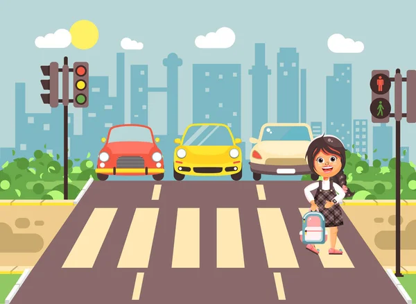 Vector εικονογράφηση καρτούν χαρακτήρα παιδί, τήρηση κανόνων οδικής κυκλοφορίας, μοναχικό κορίτσι μελαχρινή μαθητή μαθήτρια πηγαίνετε στο δρόμο πεζοδρομημένη ζώνη διέλευσης, φόντο πόλη πίσω στο στυλ σχολείο επίπεδη — Διανυσματικό Αρχείο