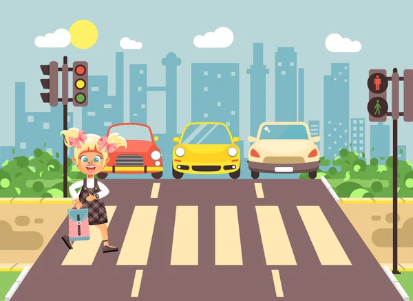 Vector εικονογράφηση καρτούν χαρακτήρα παιδί, τήρηση κανόνων οδικής κυκλοφορίας, μοναχικό κορίτσι Ξανθιά μαθήτρια μαθητή πηγαίνετε στο δρόμο πεζοδρομημένη ζώνη διέλευσης, φόντο πόλη πίσω στο στυλ σχολείο επίπεδη — Διανυσματικό Αρχείο
