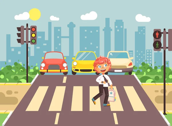 Vector εικονογράφηση καρτούν χαρακτήρα παιδί, τήρηση κανόνων οδικής κυκλοφορίας, κοκκινομάλλα μοναχικό αγόρι μαθητή μαθητής πηγαίνετε στο δρόμο πεζοδρομημένη ζώνη διέλευσης, φόντο πόλη πίσω στο στυλ σχολείο επίπεδη — Διανυσματικό Αρχείο