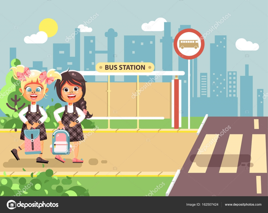 vector illustration of a schoolchildren crossing the road with the