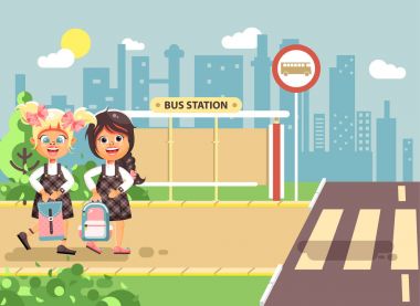 Vektör çizim karikatür karakterleri çocuklar, trafik kuralları, iki sarışın ve esmer kızlar okul, öğrenciler yol yaya geçidi, otobüs durağı arka plan geri okul düz stil git