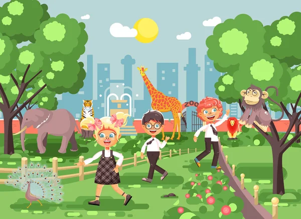 Vector illustration or banner for site with schoolchildren, classmates on walk, school zoo excursion zoological garden, boys and girls watching wild animals and birds flat style, city background — Stock Vector