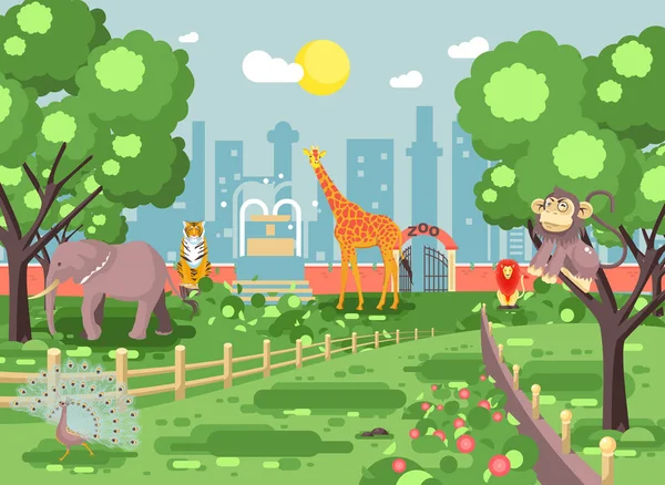 Векторні ілюстрації банер пейзаж, пейзаж, вид, для сайту з зоопарком екскурсія, зоологічний сад, мавпа, павич, слон, лев, тигр, жираф, дикі тварини плоский стиль міський фон — стоковий вектор