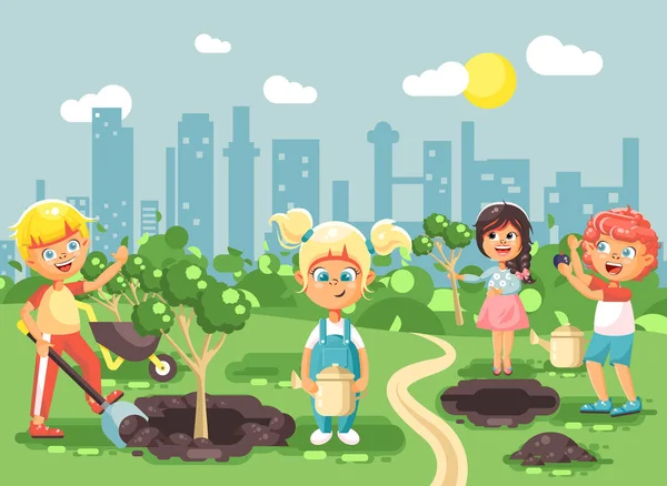 Ilustración vectorial personajes de dibujos animados de niños y niñas plantando en plántulas de jardín de árbol, niño pequeño con friki del agua, cuidando de la ciudad de ecología en estilo plano para el diseño de movimiento — Vector de stock